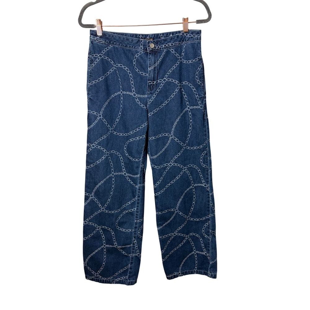 J. McLaughlin Wide Leg Chain Print Blue Jeans Sz 8 Boho Classic Casual Preppy